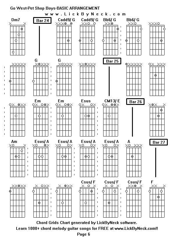 Chord Grids Chart of chord melody fingerstyle guitar song-Go West-Pet Shop Boys-BASIC ARRANGEMENT,generated by LickByNeck software.